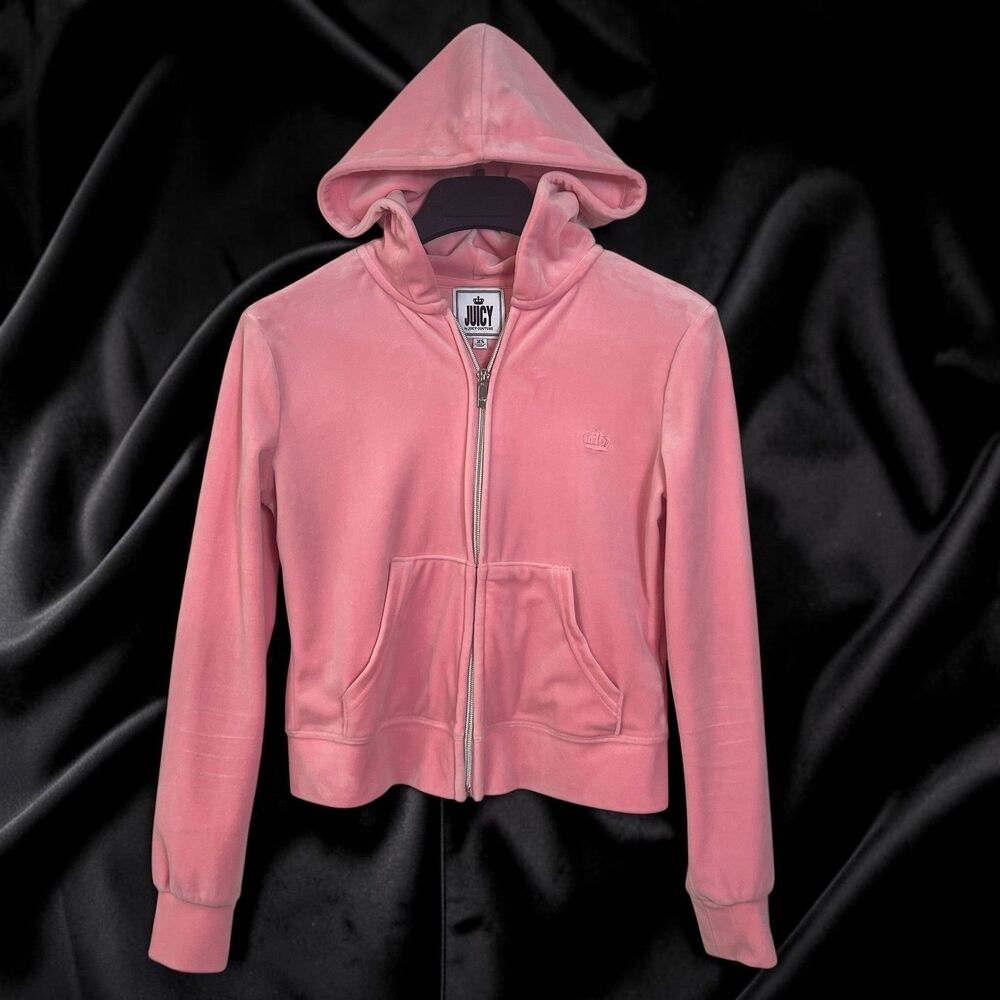 Juicy by Juicy Couture Kids Pink Velour Full Zip Hoodie Crown Logo XS